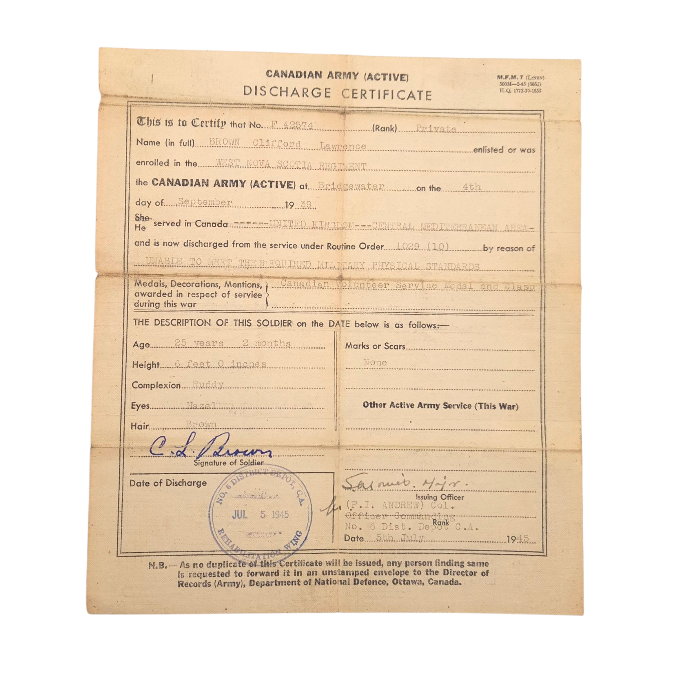 Canadian Medal Grouping – Private C.L. BROWN - West Nova Scotia Regiment - Image 5