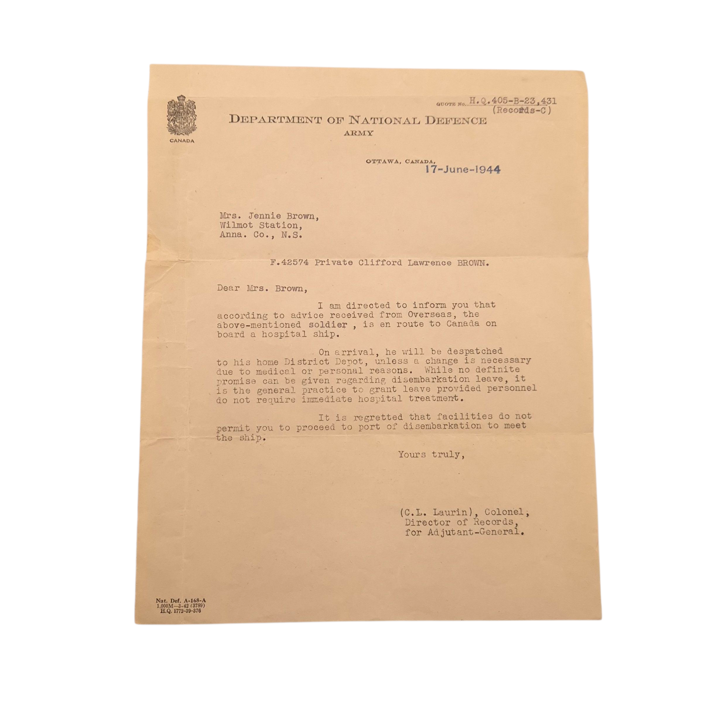 Canadian Medal Grouping – Private C.L. BROWN - West Nova Scotia Regiment - Image 6