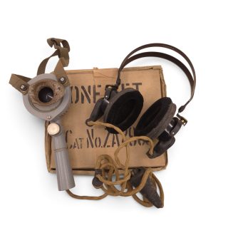 British Headphones and Microphone in cardboard-box