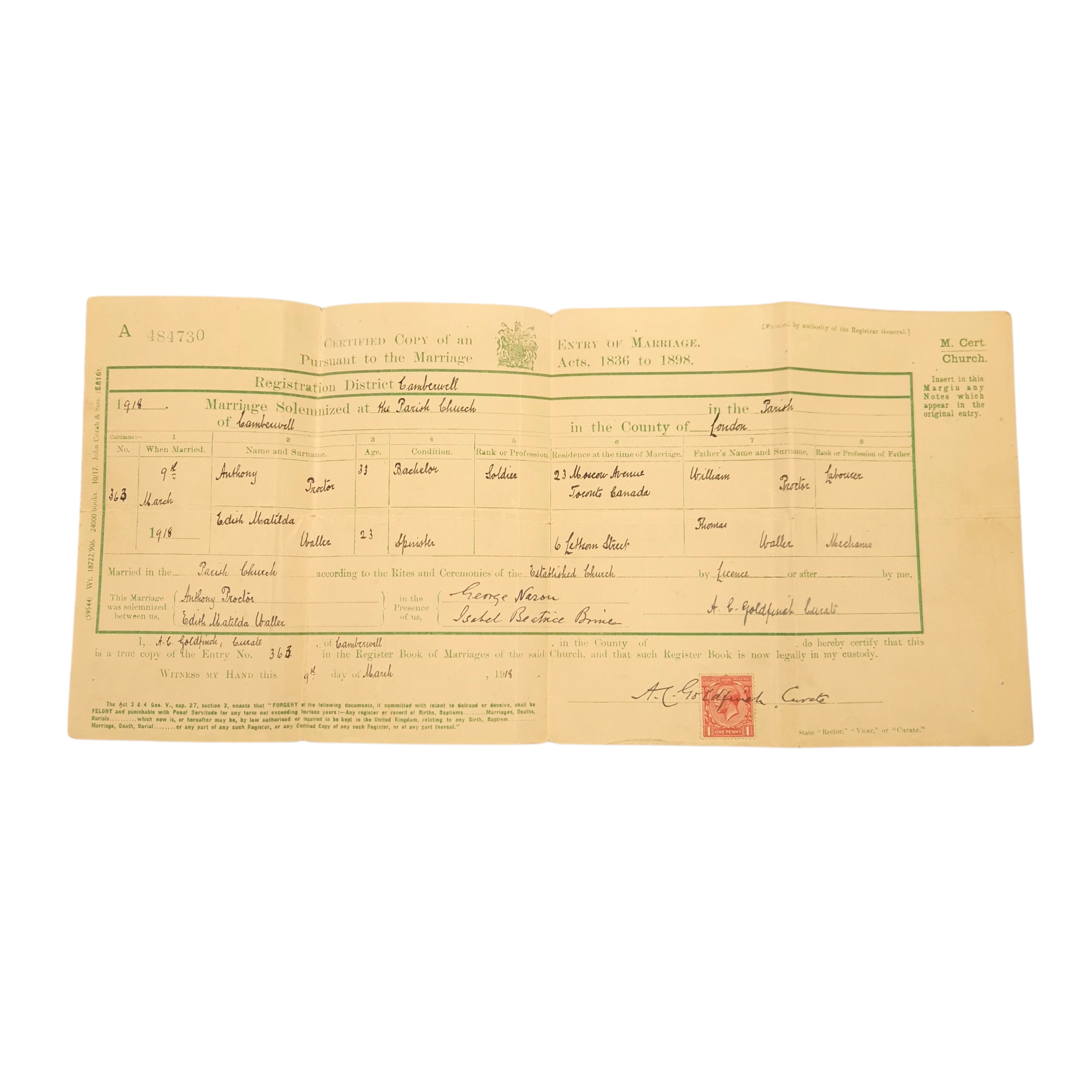 WWI Canadian "Military-Medal" Grouping – Pte. Anthony Proctor, Toronto - Image 12