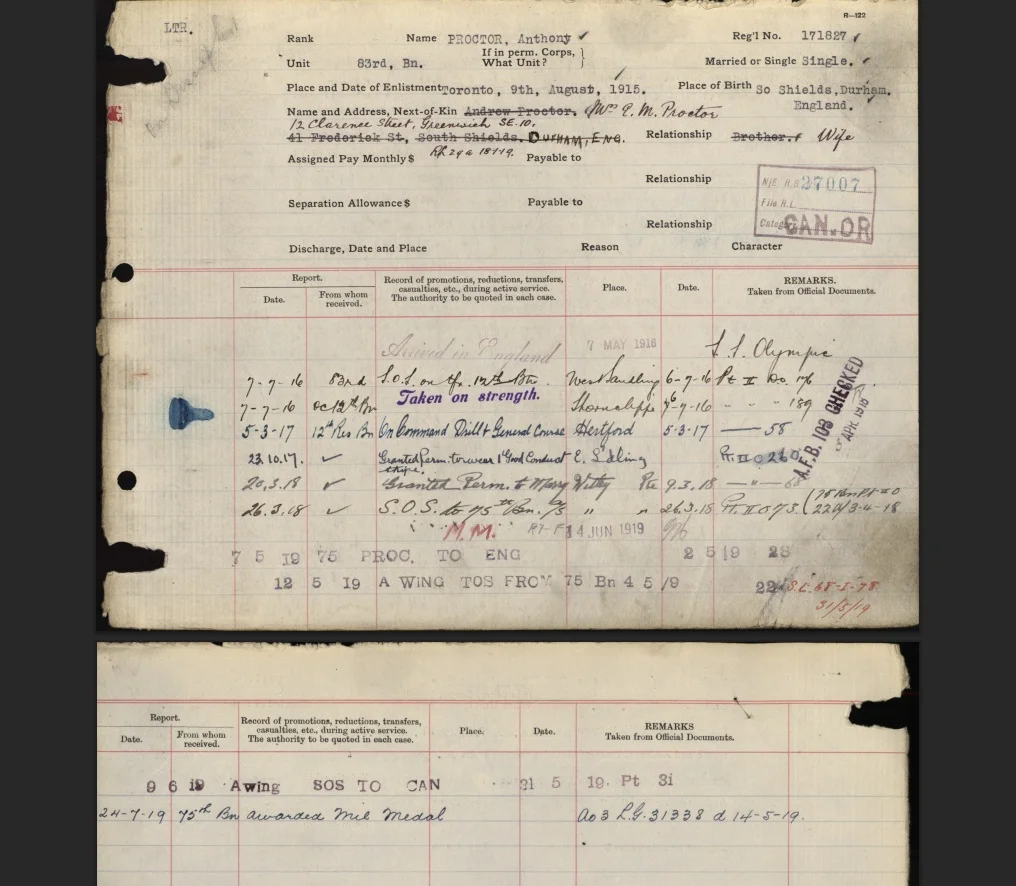 WWI Canadian "Military-Medal" Grouping – Pte. Anthony Proctor, Toronto - Image 8