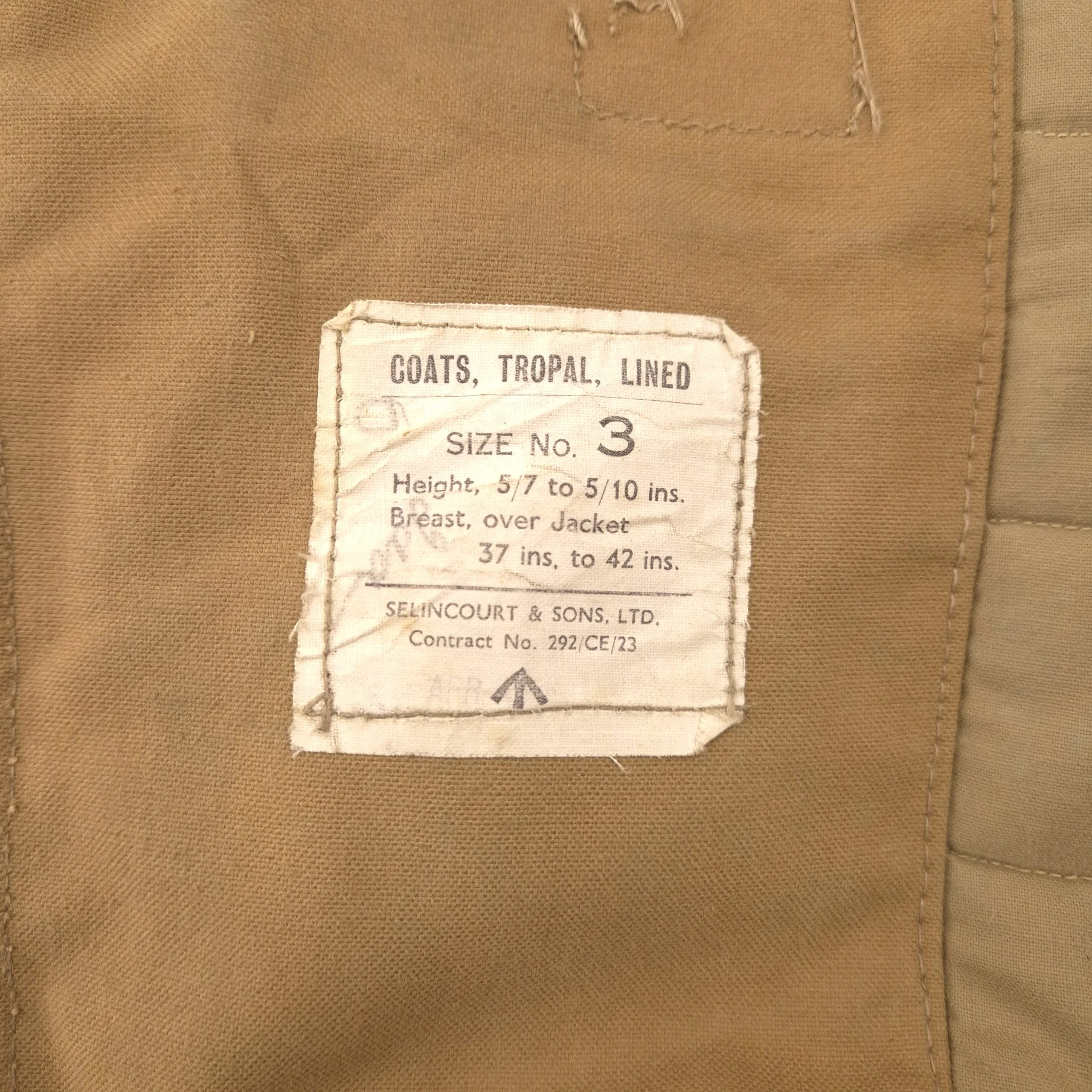 British Army Kapok Lined Coat "Coats, Tropal, Lined" - Dated 1942 - Image 3